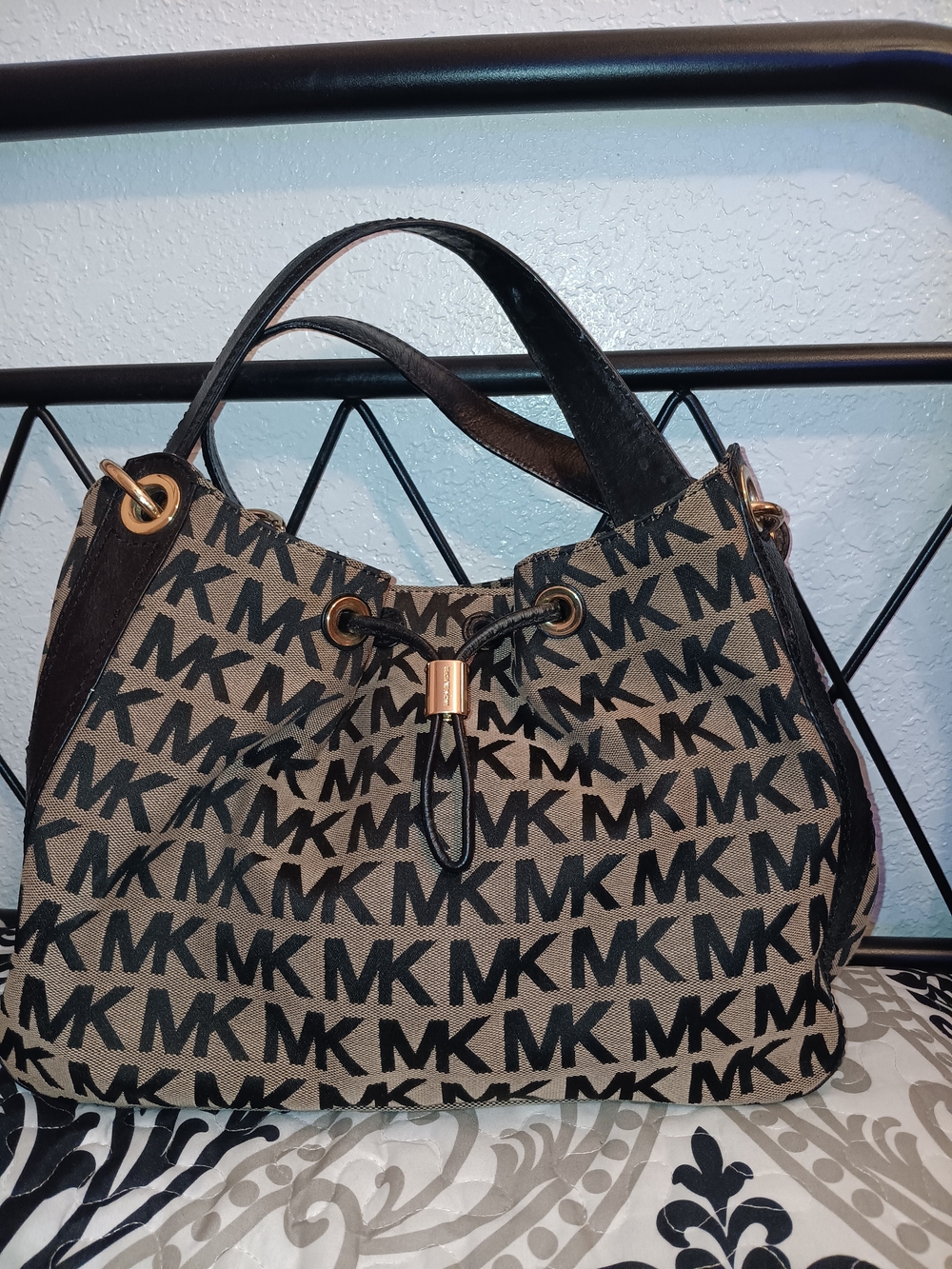 Michael Kors Black and Tan Logo Drawstring Tote